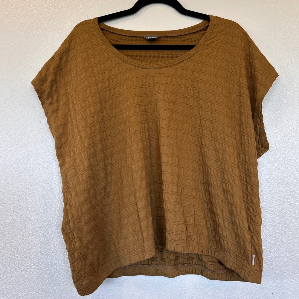 Eddie Bauer Women XL Brown Seersucker Textured Short Sleeve Scoop‎ Neck Top